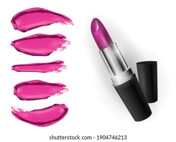 pink textured lipstick brush stroke set isolated on a white background. Realistic lipstick. Make-up. Vector illustration. Beauty and cosmetics colorful collection.