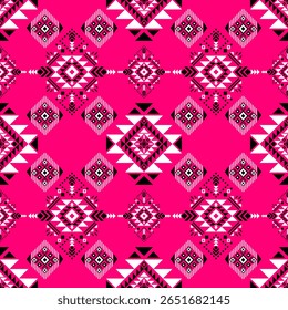 Pink Thai textile with tribal elements and repeating symmetry. Ideal for digital patterns or apparel.