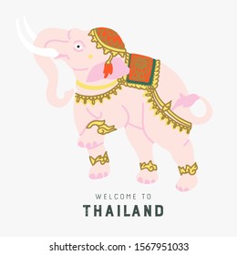 Pink Thailand elephant decorated with traditional asianhand drawn on white background