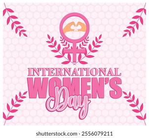 Pink themed International Women Day design featuring a female symbol with hearts and leaves. Perfect for honoring women, equality, and empowerment themes. Flat vector modern illustration 