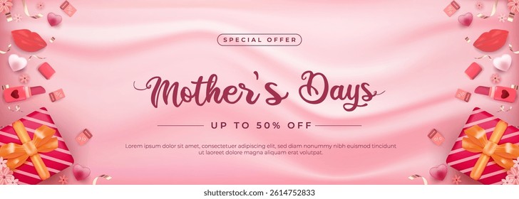 A pink themed Mothers Day special offer with decorative elements like gift boxes, hearts, and flowers, creating a festive and celebratory atmosphere.