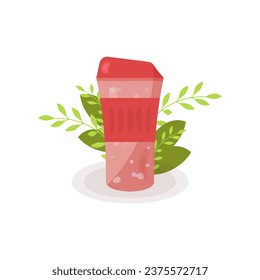 Pink thermo mug, in cartoon flat style. Thermos in foliage, for walks, trips, hikes, travel, sports, fitness. Vector illustration on a white background, eps 10.