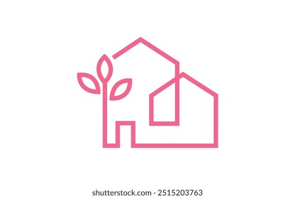 cor-de-rosa linha fina eco house logo. conceito de habitação, energia alternativa, inovação, seguro, meio ambiente