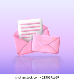 Pink three dimensional envelopes and white paper sheet. Cartoon vector illustration with letters and note. 3d rendering icon with reflection. Post, mail, correspondence concept.