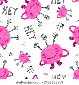 Pink Three Eye Monster Vector Seamless Pattern