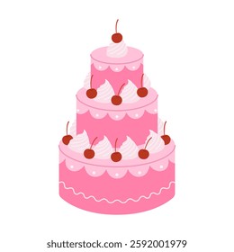 Pink three tier cake with cherries and cream. Dessert for birthday, anniversary, wedding. Sweet holiday baking for banner, poster, greeting card. Vector flat illustration isolated on white background