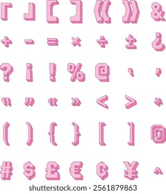 Pink three-dimensional symbols, including parentheses, arithmetic symbols, and currency.