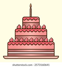 A pink three-tier birthday cake decorated with swirls and a lit candle vector illustration. Perfect for birthday celebrations and celebrations of any kind