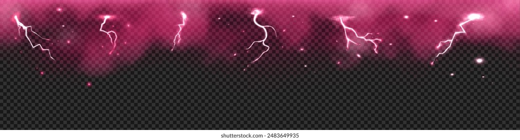 Pink thunder storm effect with lightnings, strikes with smoke vector border design. Realistic storm clouds with flashes and sparkles. Glowing thunderbolt with fog. Steam, vapor with blast