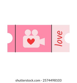 A pink ticket with a picture of a movie camera with a heart and the words "love". Symbolizes a date night, a romantic movie, or celebrating Valentine's Day.