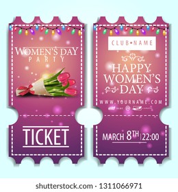 Pink ticket to the women's day party with bouquet of tulips
