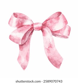 Pink tied bow. Vector pink ribbon decoration, hair accessories in watercolor style. Hand-drawn silk bow on white background. 