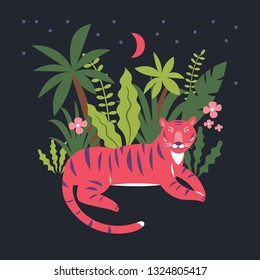 Pink Tiger among palm leaves, vector illustration