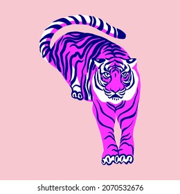 Pink tiger figure vector graphics print for t-shirts, cups, postcards, postters, covers. The symbol of 2022 on the eastern calendar is the animal tiger.