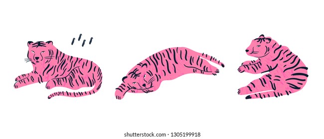 Pink tiger lies in three various poses. Hand drawn vector set. All elements are isolated 