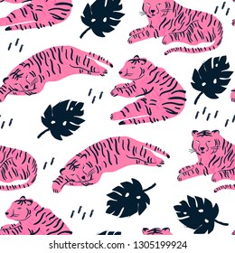 Pink tiger lies in various positions. Tropical leaves. Hand drawn vector seamless pattern. Perfect for textile printing