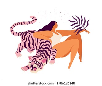 Pink tiger and a woman relaxed inspirational poster. Love yourself card.