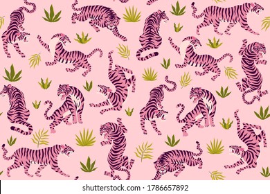 Pink tigers and tropical leaves. Vector seamless pattern with cute tigers on background. Fashionable fabric design.