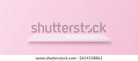 Pink tile bathroom wall with white shelf, ceramic grid floor in kitchen or bathroom, pink tiled square mosaic, realistic shelf bath bg for woman, fashion or cosmetic presentation. Vector illustration.