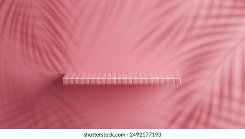 Pink tile shelf podium 3d minimal background. Realistic bathroom studio scene with palm leaf shadow. Square restroom platform render. Abstract horizontal banner bg for modern summer presentation.