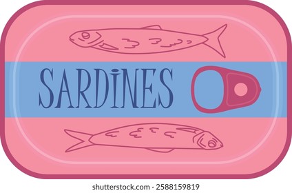 Pink tin can sardines. Aesthetic vector illustration on transparent background. Canned fish artwork. Seafood packaging poster template. Restaurant, cafe, or kitchen wall decor.