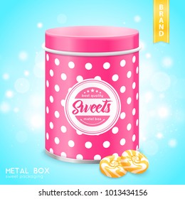 Pink tin metal box sweets cookies container realistic close-up image with shining bubbles background vector illustration 