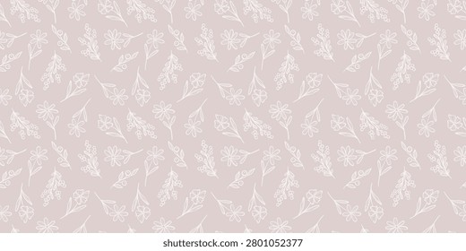 Pink tiny flowers and berries abstract ditsy scattered plants seamless vector pattern background, romantic spring banner