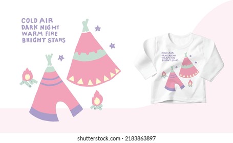 Pink Tipi and campfire under the stars Illustration vector graphic design for kid t shirt with cold air, dark night, warm fire, bright star quote, Illustration for Baby isolate on white background