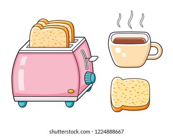Pink toaster with bread slices, toast, hot coffee cup isolated.