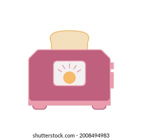 Pink toaster with a piece of bread. Vector illustration in cartoon flat style. Isolated kitchen clipart on white background.