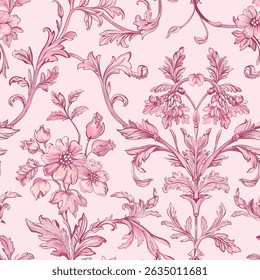 Pink Toile De Jouy Vintage Floral Seamless Pattern 01. Elegant Vector Graphics Print design featuring hand-drawn pink flowers and ornamental leaves on a soft pastel pink background. 