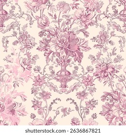 Pink Toile De Jouy Vintage Floral Seamless Pattern 02. Elegant Vector Graphics Print design. Hand-drawn pink flowers and ornamental leaves on a soft pastel pink background. The design has a classic