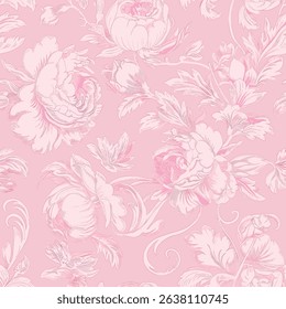Pink Toile De Jouy Vintage Floral Seamless Pattern 03. Elegant Vector Graphics Print design. Featuring hand-drawn pink flowers, ornamental leaves on a soft pastel pink background. textiles, wallpapers