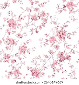 Pink Toile De Jouy Vintage Floral Seamless Pattern 04. Elegant Vector Graphics Print design. Featuring hand-drawn pink flowers, ornamental leaves on a soft pastel pink background. textiles, wallpapers