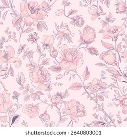Pink Toile De Jouy Vintage Floral Seamless Pattern 06. Elegant Vector Graphics Print design. Featuring hand-drawn pink flowers, ornamental leaves on a soft pastel pink background. textiles, wallpapers