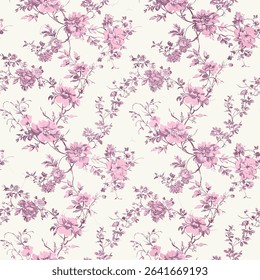Pink Toile De Jouy Vintage Floral Seamless Pattern 03. Elegant Vector Graphics Print design. Featuring hand-drawn pink flowers, ornamental leaves on a soft pastel pink background. textiles, wallpapers