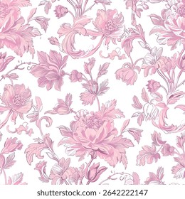 Pink Toile De Jouy Vintage Floral Seamless Pattern 08. Elegant Vector Graphics Print design. Featuring hand-drawn pink flowers, ornamental leaves on a soft pastel pink background. textiles, wallpapers