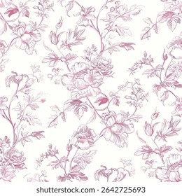 Pink Toile De Jouy Vintage Floral Seamless Pattern 09. Elegant Vector Graphics Print design. Featuring hand-drawn pink flowers, ornamental leaves on a soft pastel pink background. textiles, wallpapers