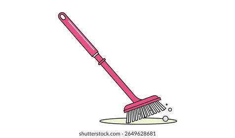 A pink toilet brush cleans a bathroom floor with soap and water creating a bubbly and clean environment for better hygiene