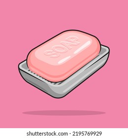 Pink Toilet Soap Bar In A Gray Plastic Soap Dish Vector Illustration
