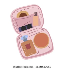 A pink toiletry bag is opened and full of various cosmetics and personal care items, great for travel and lifestyle content.