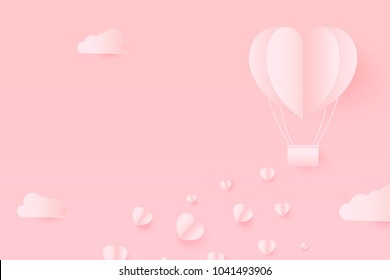 Pink Tone Paper Style love of valentine day , balloon flying over cloud with heart float on the sky and sprinkles heart, couple honeymoon with copy space , vector illustration background