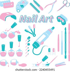 Pink tone pop art style manicure and tools set.
Nail polish and nail file, scissors, pliers, die grinder, color palette, fingers. Vector illustration.