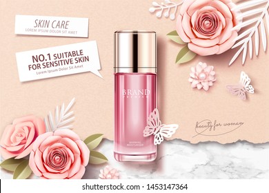 Pink toner ads on marble stone and kraft paper background with paper flowers, 3d illustration