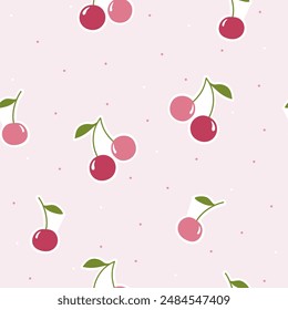 pink tones of cherries with white shadows  on  pink polka dots background  seamless pattern , vector illustration