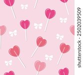 pink tones of  heart shaped lollipops and striped pink white bows seamless pattern , vector illustration