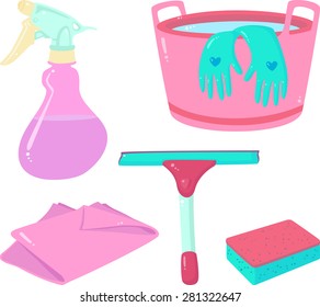 Pink tools for cleaning: a squeegee, a sponge, a spray bottle, a bucket with water and gloves, a rag