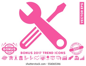 Pink Tools icon with bonus 2017 trend symbols. Vector illustration style is flat iconic symbols, white background.