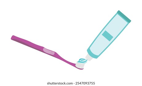 Pink tootbrush and green toothpaste tube vector illustration. teeth brush and Tube of toothpaste flat style. 