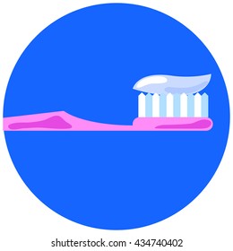Pink tooth brush with tooth paste for personal oral care vector illustration in flat style on blue background, toothpaste on brush in cartoon style, flat image of teeth care, healthy everyday routine